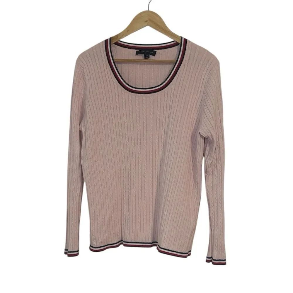 Tommy Hilfiger Pink Cable Knit Sweater with Striped Trim, Large